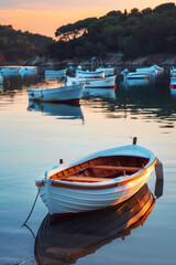 Obraz premium Tranquil harbor scene with sleek private boats during golden hour, perfect for text placement