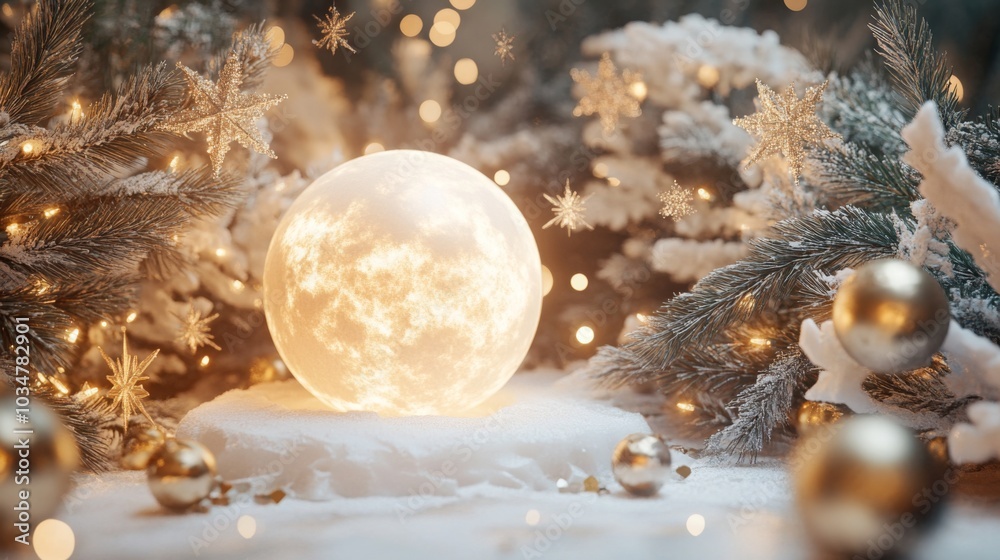 Poster a large, glowing orb rests on a snowy mound, surrounded by pine branches dusted with snow. golden or