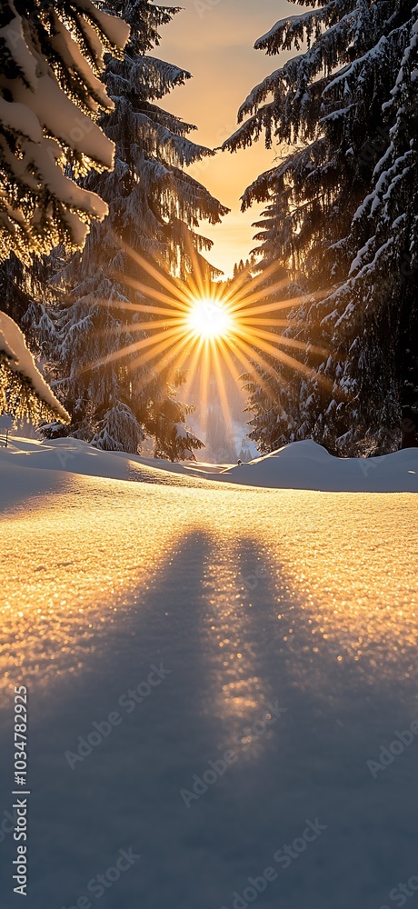 Poster the sun shines through the trees, casting long shadows on the snow-covered : generative ai