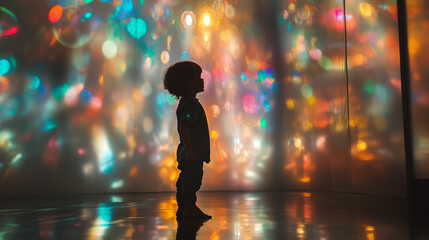 child silhouette in a room with kaleidoscopic light projections