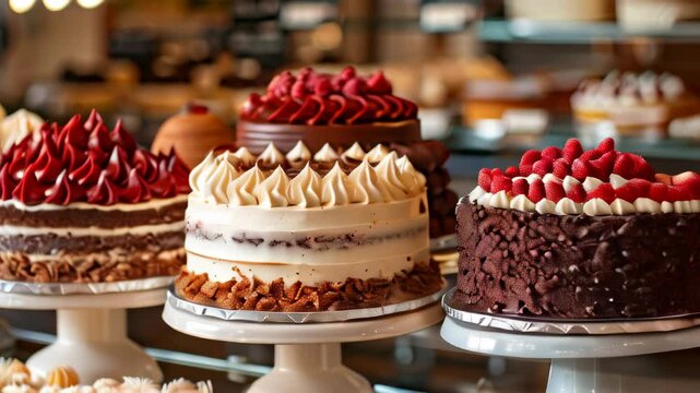 Delicious assortment of freshly made cakes on display at a local bakery during the afternoon