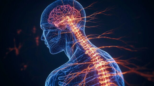 A dynamic holographic scan of a human nervous system during reflex actions, with glowing nerve signals shown in real-timen