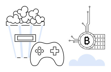 Popcorn bucket, gaming controller and Bitcoin symbol on a connected chip with cloud. Ideal for technology entertainment gaming cryptocurrency digital art vector style