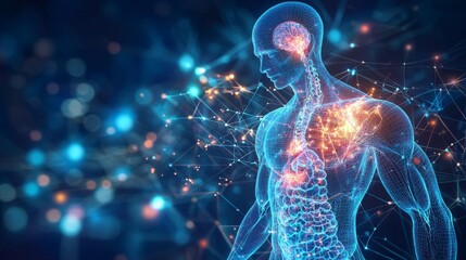 A holographic scan of a human body's hormone production, with glowing projections of the endocrine glands in actionn