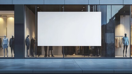 Fototapeta premium A sleek urban storefront features a prominent empty display board surrounded by mannequins dressed in stylish apparel. The contemporary design and reflective glass add to the storefront's allure.