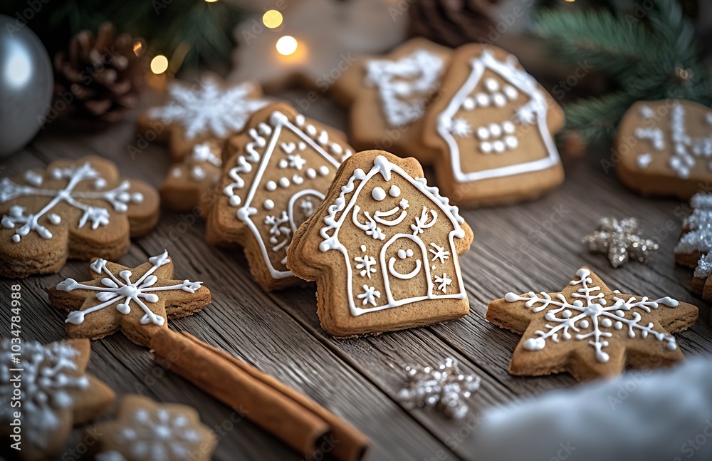 Poster gingerbread cookies in the shape and design : generative ai
