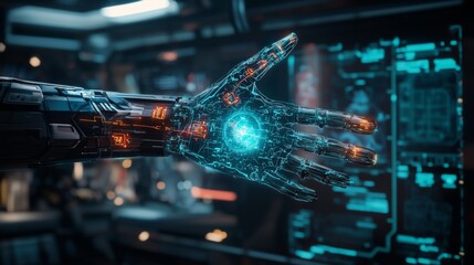 A futuristic holoscan of a human's cybernetic arm, with glowing projections showing the integration of mechanical and biological tissues