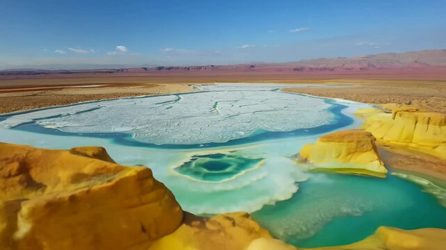 Fly-through, high speed video of the Danakil Depression, Ethiopia. revealing colorful mineral formations, sulfur springs and salt flats