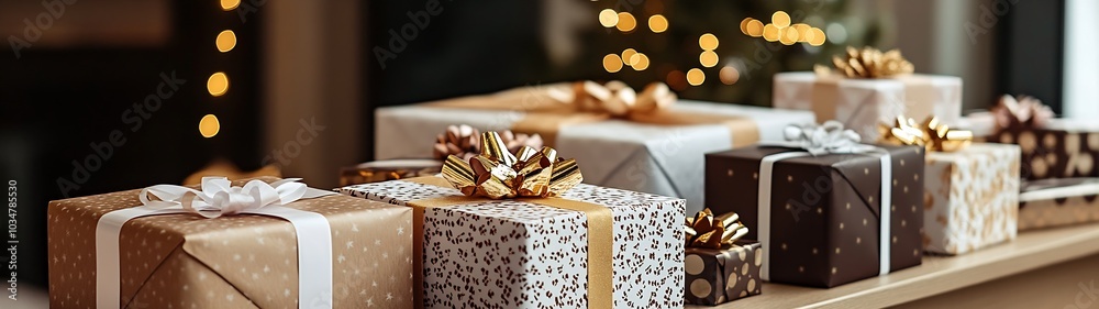 Aufkleber a table full of prizes in elegant wrapping paper in a smart professional shop : generative ai