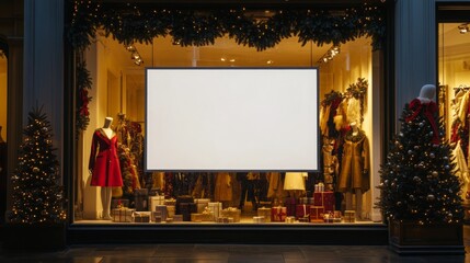 A storefront adorned with festive holiday decorations is showcased at night.