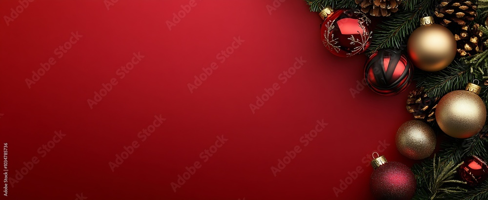 Poster christmas tree with christmas ornaments on red background : generative ai