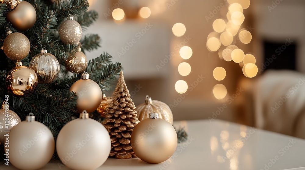 Poster christmas tree with decorations and snowflake on gold bokeh background. : generative ai