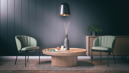 3d rendering of a Scandinavian living room with a wooden table and two chairs - mock-up - placeholder.