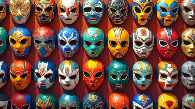 Colorful wrestling masks are displayed on a wall in Mexico