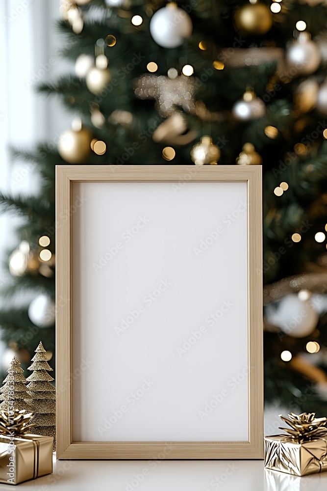 Poster wooden frame mockup of blank framed table sign on a table : generative ai