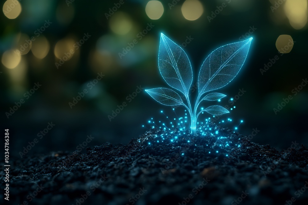 Poster A digital tree sprout growing on black soil with a digital light effect background.  : Generative AI