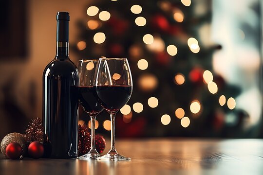 wine bottle and two red wine glasses besides on table  : Generative AI - Powered by Adobe