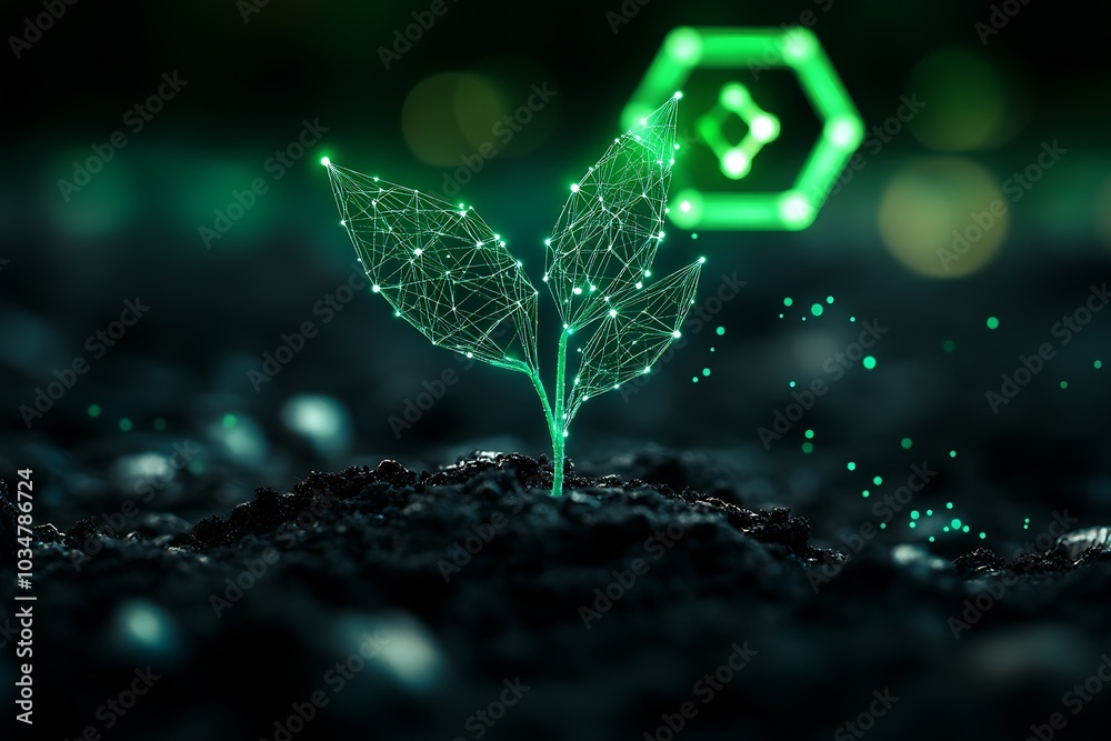 Poster photograph of a digital plant sprouting from black soil, with a green glowing data network and a fut