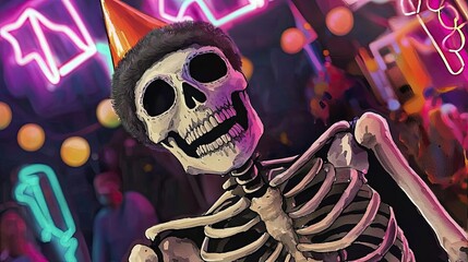 A festive skeleton in a party hat enjoying a vibrant celebration surrounded by colorful neon lights.