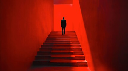 Man on Red Stairs in Artistic Interior Space