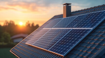 Minimalist House with Integrated Solar Cells at Sunset