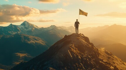 Triumph on Mountain Peak at Sunset