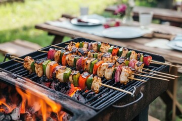 A backyard barbecue with skewers of marinated chicken and vegetables grilling over hot coals, with a picnic table set for an outdoor feast