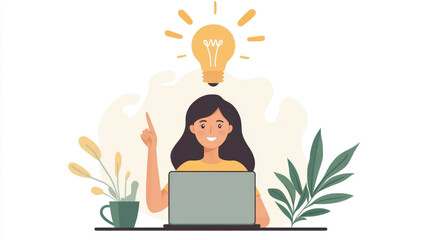 Illustration of a woman at a desk, brainstorming with colorful lightbulbs symbolizing creativity and innovative ideas.