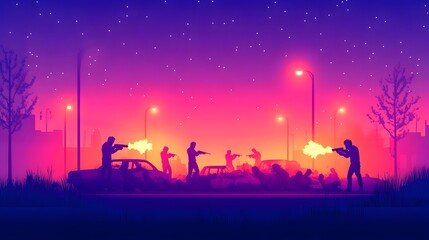 Fototapeta premium Hardened Survivors Holding the Line in Dilapidated Zombie-Infested City Street at Night