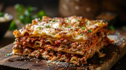 A baked lasagna loaded with creamy milk cheese was laid atop the slab of wood