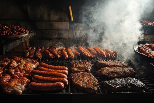 A barbecue pit filled with an assortment of meats, from steaks to sausages, with smoke billowing, capturing the essence of a traditional cookout