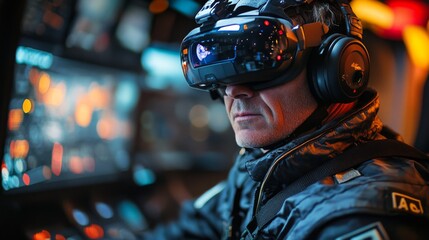 A focused military operator immerses himself in virtual reality training, wearing a high-tech headset while interacting with complex controls in a dimly lit control room.