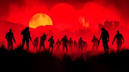 Fototapeta premium Hardened Survivors Defending Against a Relentless Zombie Horde in a Gritty,Retrofuturistic Dystopia