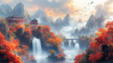 Lakes and arch bridges in the mountains, pavilions in the distance, Chinese paintings
