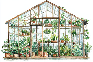 A beautifully illustrated greenhouse filled with a variety of lush plants and potted flowers, showcasing a vibrant and tranquil gardening space.