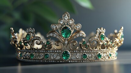 Obraz premium A luxurious crown with intricate filigree and emerald accents, displayed in a pristine setting, highlighting the rich textures and brilliant gemstones