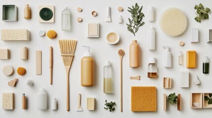 A chic assortment of cleaning products, including eco-friendly spray bottles, sponges, and a modern broom, all laid out on a white background