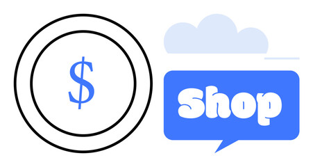 Coin with a dollar sign next to a cloud-shaped blue shop symbol. Ideal for business, finance, commerce, shopping, marketing. Simple, modern design