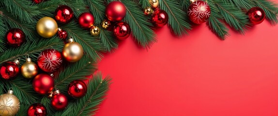 A flat lay composition featuring lush pine tree branches adorned with red and golden Christmas balls, beautifully arranged on a vibrant red background