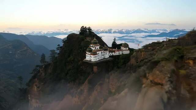 Fly-through high speed video with soft morning mist, towards paro taktsang, emerging from clouds to reveal the precarious monastery