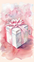 This artwork features a charming watercolor gift box tied with a soft satin ribbon, creating a delightful presentation perfect for any occasion