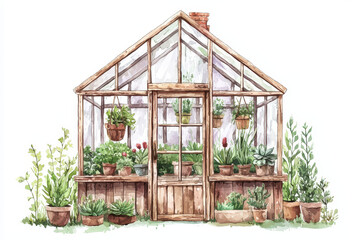 A charming wooden greenhouse filled with various plants in pots, showcasing a serene and vibrant gardening space.