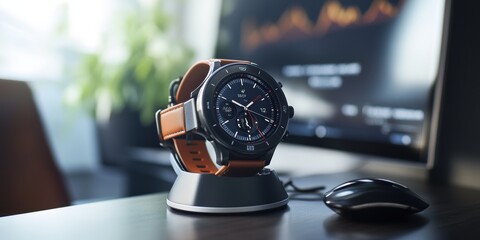 Smartwatch on a desk with a computer mouse.