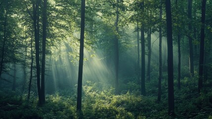 Fototapeta premium Sunlight streams through dense, foggy forest.