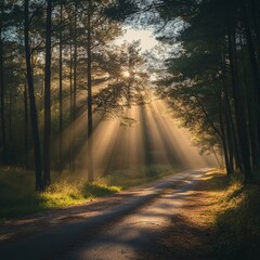 Obraz premium Morning rays light up a rural forest path.