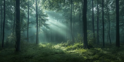 Fototapeta premium Misty forest with sunbeams shining through trees.