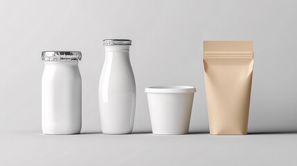 2408 20.A collection of dairy packaging mockups, including a yogurt cup with a foil lid, a plastic bottle, and a carton box with a spout. The realistic lighting and shadow effects make each product