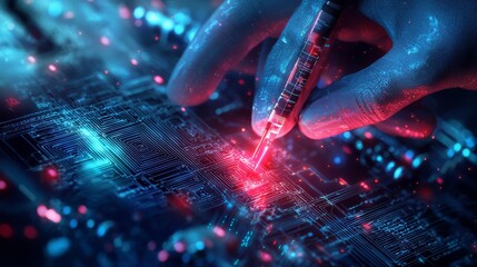 Biochip Implant Concept : A high-tech close-up of a biochip implant being inserted into a person's skin, with holographic data and circuitry glowing, symbolizing future medical technology