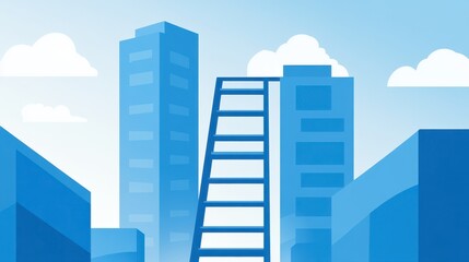 Blue Abstract Cityscape with Ladder Element