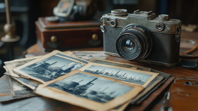 The old camera on the table and the old photos taken